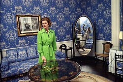Ford viewing the Queen's Sitting Room during a tour of the White House, 1977