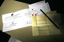 Ballots of the first round of the presidential election (in yellow) and the parliamentary election (in white).