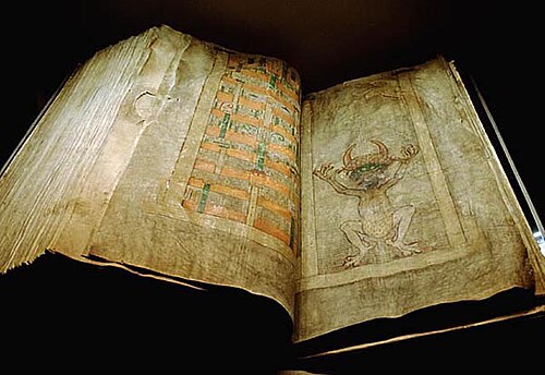 The Codex Gigas opened to the page with the distinctive portrait of the Devil from which the text received its byname, the Devil's Bible.[1]
