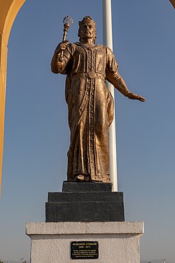 Statue of Ismail Samani in Dushanbe, Tajikistan. The plaque describes him as the Tajik amir of the Tajik state of the Samanids.