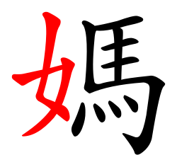 The radical for the Chinese character 媽 mā ('mother') is the semantic component ⼥ 'WOMAN' on its left side.