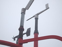 Weather instruments at Mount Washington Observatory. Pitot tube static anemometer is on the right.
