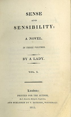 First edition title page from Sense and Sensibility, Austen's first published novel (1811)