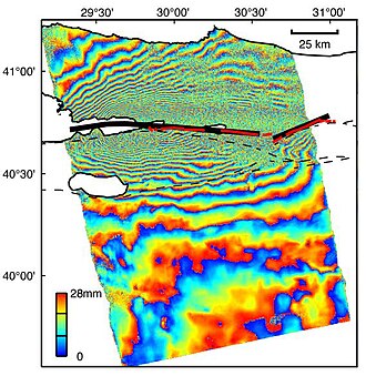 Interferogram produced using ERS-2 data from 13 August and 17 September 1999, spanning the 1999 İzmit earthquake. (NASA/JPL-Caltech)