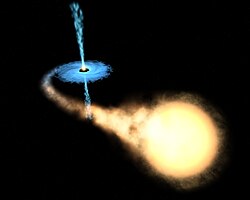Artist's conception of a black hole drawing matter from a nearby star, forming an accretion disk