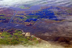 Sacramento–San Joaquin River Delta in California at flood stage, early March 2009