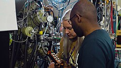 Experimental physicists at work at the accelerator laboratory of the University of Jyväskylä (Finland)