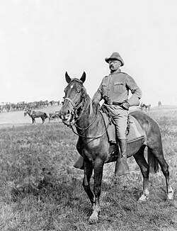 Theodore Roosevelt (shown on horseback,1898) helped popularize the image of the American cowboy through his writings.