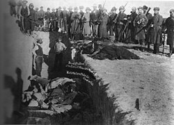 Mass grave for the dead Lakota following the Wounded Knee massacre. Eyewitness American Horse, chief of the Oglala Lakota, stated, "A people's dream died there. It was a beautiful dream ... the nation's hope is broken and scattered. There is no center any longer, and the sacred tree is dead."[213]