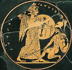 Athena (left) fighting Enceladus (inscribed retrograde) on an Attic red-figure dish, c. 530 BC (Louvre CA3662)[1]