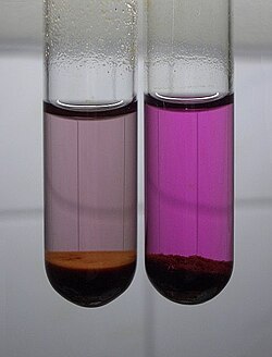 Comparison of colors of solutions of ferrate (left) and permanganate (right)