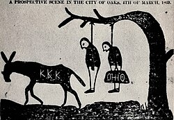 A cartoon threatening that the KKK (represented by a Democratic donkey) will lynch scalawags (left) and carpetbaggers (right) on March 4, 1869, the day President Grant takes office. Tuscaloosa, Alabama, Independent Monitor, September 1, 1868.[f]