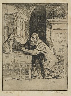 William Strang etching "Montaigne and his cat", 1902