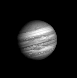 Black and white animation of Jupiter's clouds by Voyager 1 as the spacecraft approaches the planet