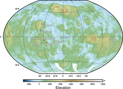Position of Venera landing sites. Red points denote sites returning images from the surface, black central dots sites of surface sample analysis. Map based on mapping from Pioneer Venus Orbiter and Magellan.