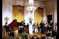 Dizzy Gillespie and Vaughan perform at the White House in honor of the Shah of Iran on November 15, 1977.