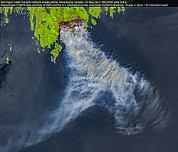 Plume of smoke from Nova Scotia's Barrington Lake wildfire (May 2023)