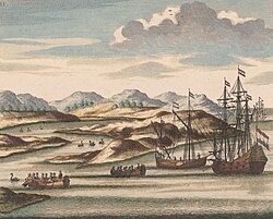 Willem de Vlamingh's ships and black swans at the entrance to the Swan River, 1697