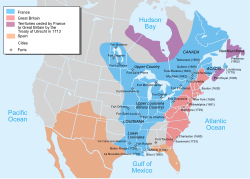 Map of territorial claims in North America by 1750, before the French and Indian War, which was part of the greater worldwide conflict known as the Seven Years' War (1756 to 1763). Possessions of Britain (pink), France (blue), and Spain. (White border lines mark later Canadian Provinces and US States for reference)