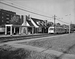 A Blue Line streetcar at the Lynnfield station. This style of car, the PCC streetcar, was replaced in 1981 with the Breda LRV car.[55]