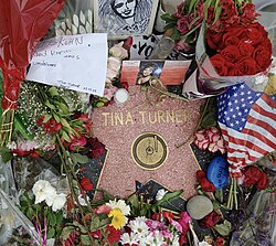 Turner's star on the Hollywood Walk of Fame covered with flowers and tributes from her fans on May 28, 2023