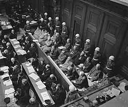 Defendants at the Nuremberg trials, where the Allied forces prosecuted prominent members of the political, military, judicial, and economic leadership of Nazi Germany for crimes against humanity