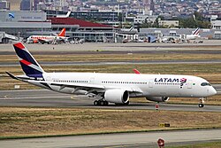 A LATAM Brasil Airbus A350-900 at Toulouse Blagnac International Airport in 2016. This aircraft, along with all other A350s in LATAM Brasil's fleet, have since been phased out and fly for other airlines nowadays, mostly Delta and Edelweiss Air.