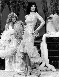 Farrah Fawcett, in a feather boa and light-colored dress, sits beside Cher, who stands in a sequined floor-length gown with feather trim at the hem and cuffs, her dark hair in a bob with bangs.