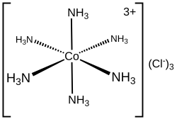 Cobalt(III) complex containing six ammonia ligands, which are monodentate. The chloride is not a ligand.
