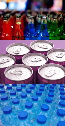 Beverage containers of all three materials types: ceramic (glass), metal (aluminum), and polymer (plastic).