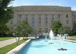 The Art Deco city hall building, a block from the Civic Center