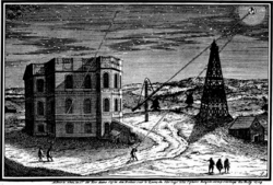 An engraving of the Paris Observatory during Cassini's time. The tower on the right is the "Marly Tower", a dismantled part of the Machine de Marly, moved there by Cassini for mounting long focus and aerial telescopes.