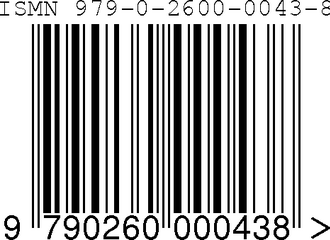A 13-digit ISMN, 979-0-2600-0043-8, as represented by an EAN-13 bar code.