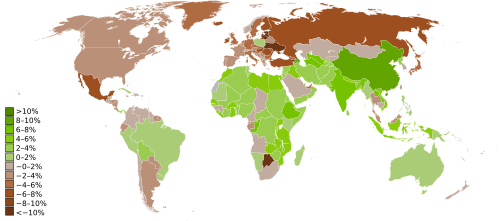 World map showing real GDP growth rates for 2009 (countries in brown were in recession)