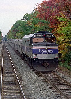 A southbound Downeaster passenger train at Ocean Park, Maine, as viewed from the cab of a northbound train