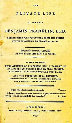 Cover of the first English edition of Benjamin Franklin's autobiography, 1793