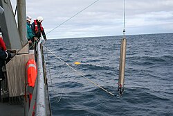 A hydrophone being lowered into the North Atlantic