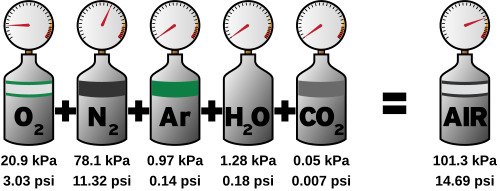 The atmospheric pressure is roughly equal to the sum of partial pressures of constituent gases – oxygen, nitrogen, argon, water vapor, carbon dioxide, etc.