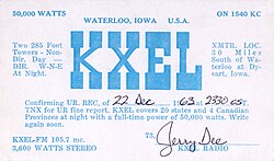 QSL card confirming listener reception of AM radio station KXEL in Waterloo, Iowa.