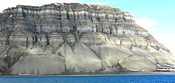 Talus cones produced by mass moving, north shore of Isfjord, Svalbard, Norway