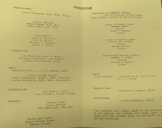 Philip José Farmer and American composer and conductor Norman Luboff were awarded honorary doctorates during Lincoln College's 117th Charter Day Convocation on February 14, 1982.