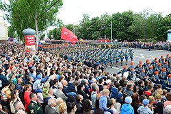 People in the Donetsk People's Republic celebrate the annual Victory Day over Germany, 9 May 2018