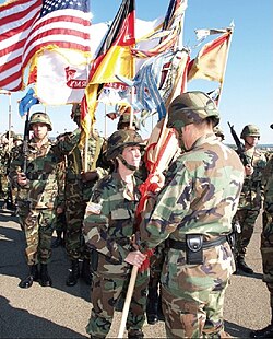 Brigadier General Halstead accepts 3rd COSCOM colors during change of command ceremony, 2004