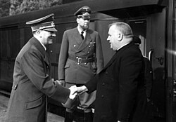 Adolf Hitler greeting Jozef Tiso, president of the (First) Slovak Republic, a client state of Nazi Germany during World War II, 1941