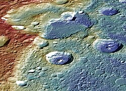 False-color image of Carnegie Rupes, a tectonic landform—high terrain (red); low (blue).