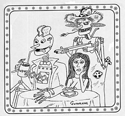 F. Gwynplaine MacIntyre illustrated Ron Goulart's story "The Robot Who Came to Dinner" in Analog (July–August 2002).