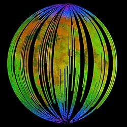 Image of the Moon taken by the Moon Mineralogy Mapper. Blue shows the spectral signature of hydroxide (component of water), green shows the brightness of the surface as measured by reflected infrared radiation from the Sun and red shows a mineral called pyroxene.