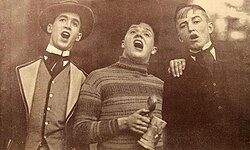 Stewart (left), Joshua Logan (center) and Marshall Dana rehearse for their "Drinking Song" number at the Triangle Club, 1930