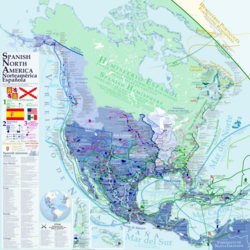 Spain's historical presence, including claimed territories, points of interest, and expeditions in North America