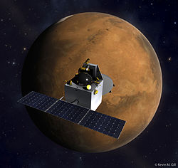 Artist's rendering of the Mars Orbiter Mission spacecraft, with Mars in the background